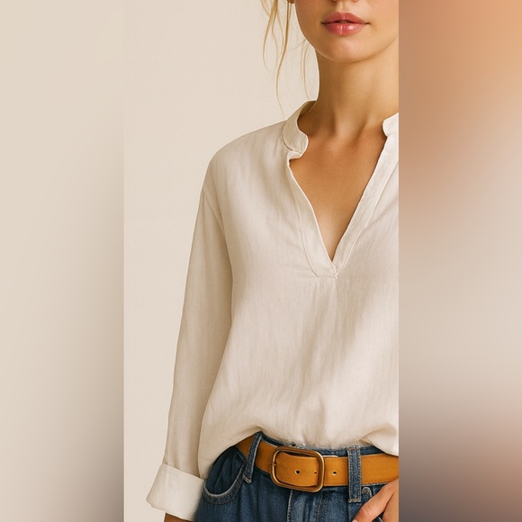 Organic Linen Cotton Blend Boho White Relaxed Fit Shirt | Adjustable Sleeves - Picture 3 of 11